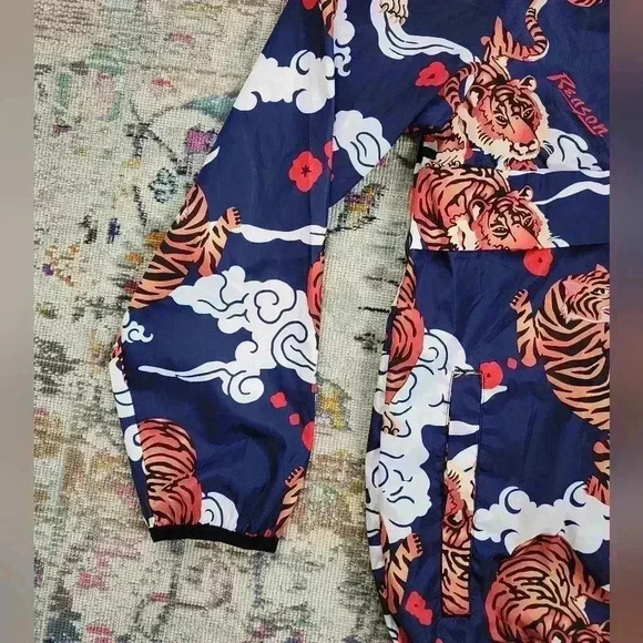 Reason Brand Mens Navy Orange Jacket Japanese Tiger Pullover Hoodie, sz Small - Picture 4 of 13